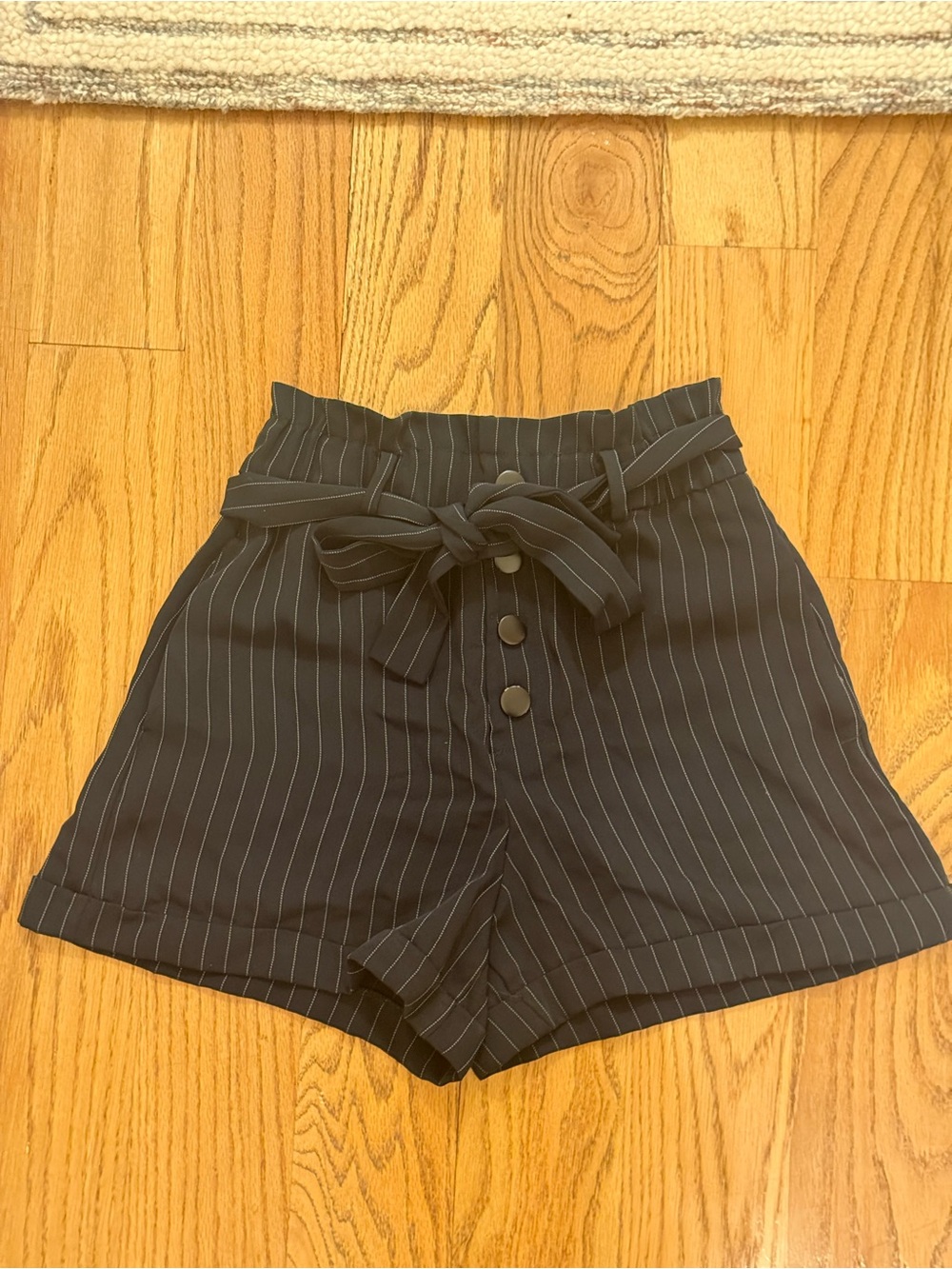 Zara Navy Pinstripe High-Waist Paperbag Shorts with Tie